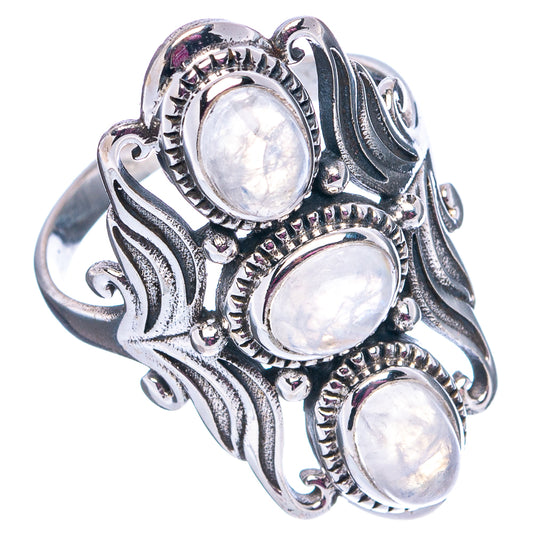 Sterling silver moonstone ring with three oval cabochon stones and carved detailing, size 10