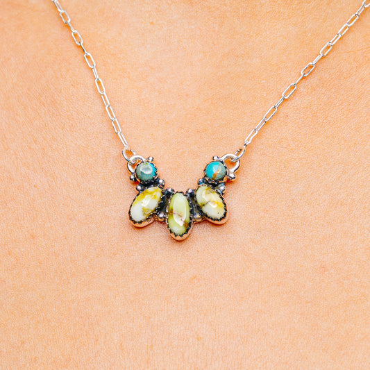 Turquoise and yellow stone cluster necklace with .925 sterling silver chain
