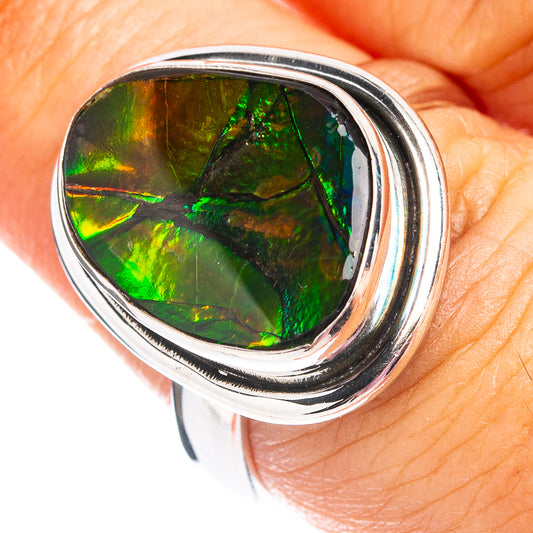Sterling silver ammolite teardrop ring with vivid green iridescence