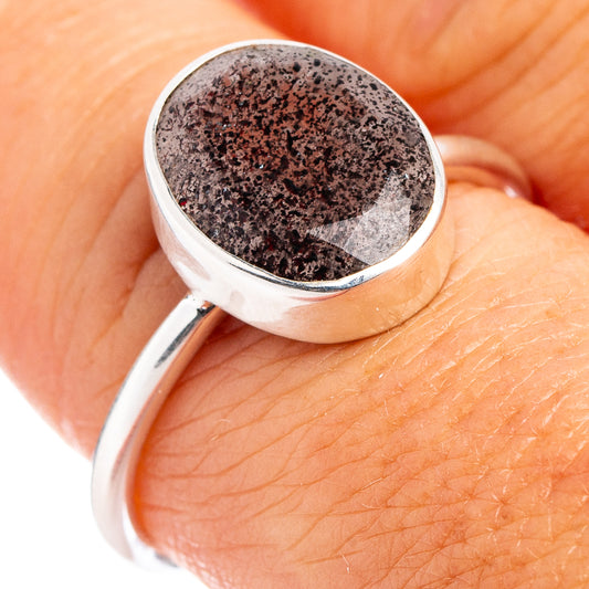 925 sterling silver cabochon ring with dark speckled cacoxenite, size 7.75