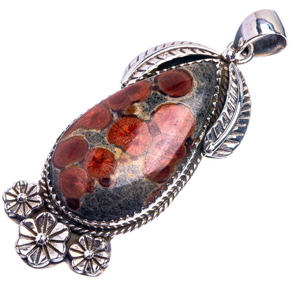 Sterling silver teardrop jasper pendant with red floral stone and flower-detail bail