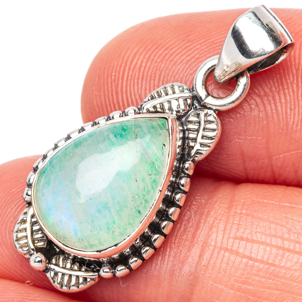 925 sterling silver pendant with teardrop green moonstone, textured border and bail