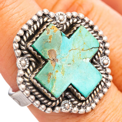Turquoise cross stone sterling silver ring with textured bead bezel, adjustable