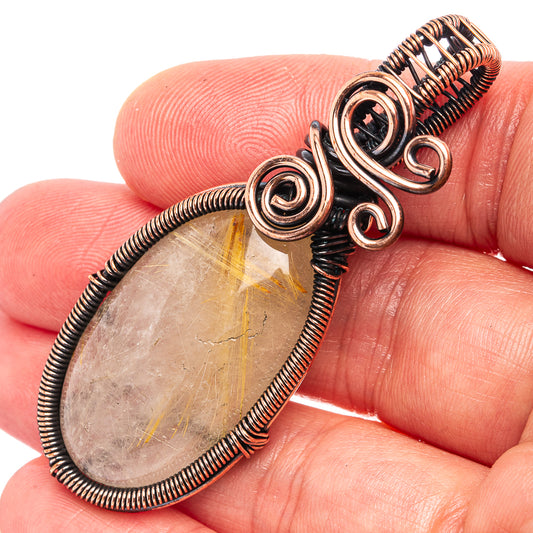 Oxidized copper wire wrap pendant, teardrop quartz cabochon with spiral coils