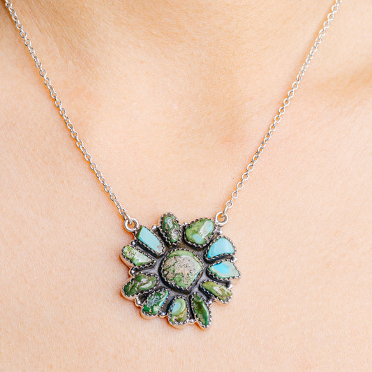Turquoise and green floral pendant necklace with 925 sterling silver chain