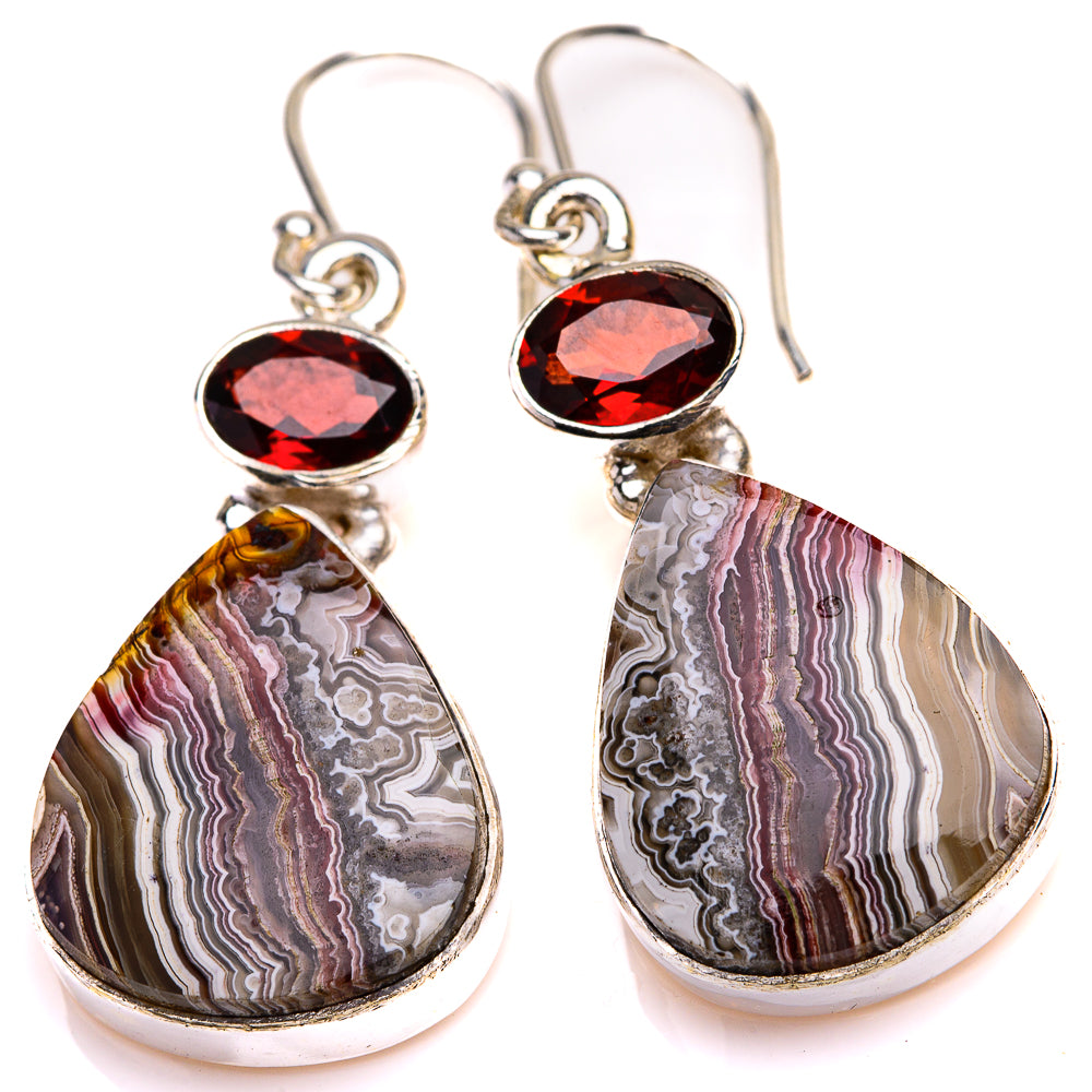 Crazy Lace Agate, Garnet Earrings 1 5/8" (925 Sterling Silver) EARR432143