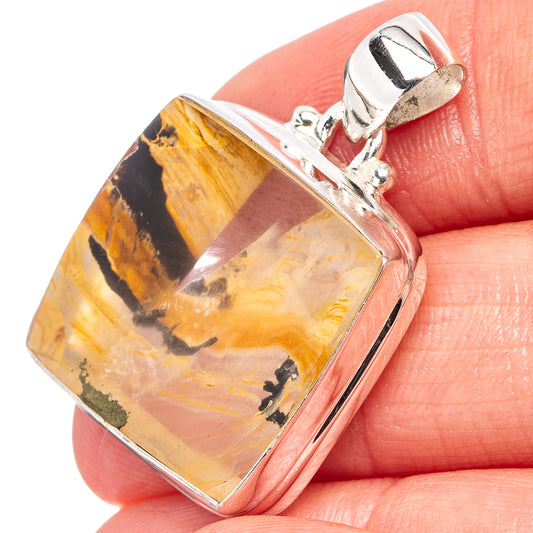 Square yellow-brown dendritic agate pendant in .925 sterling silver bezel.