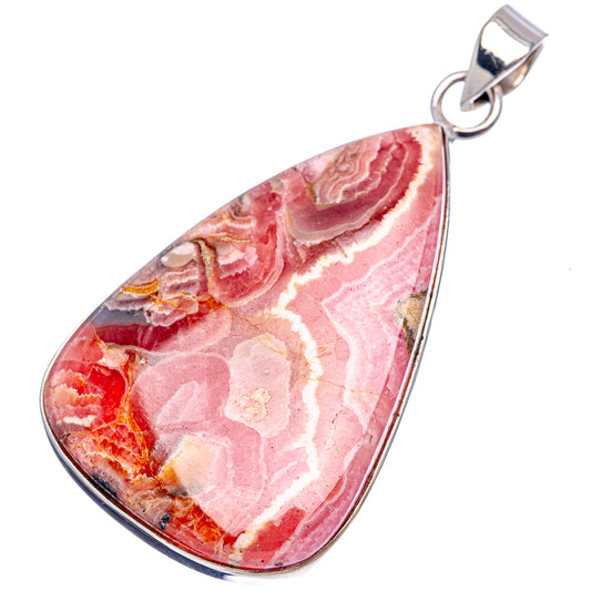 Rhodochrosite teardrop pendant with .925 sterling silver border and bail, full view