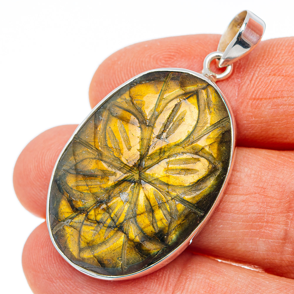 Hand Carved Premium Labradorite Pendant 1 3/4" (.925 Sterling Silver)