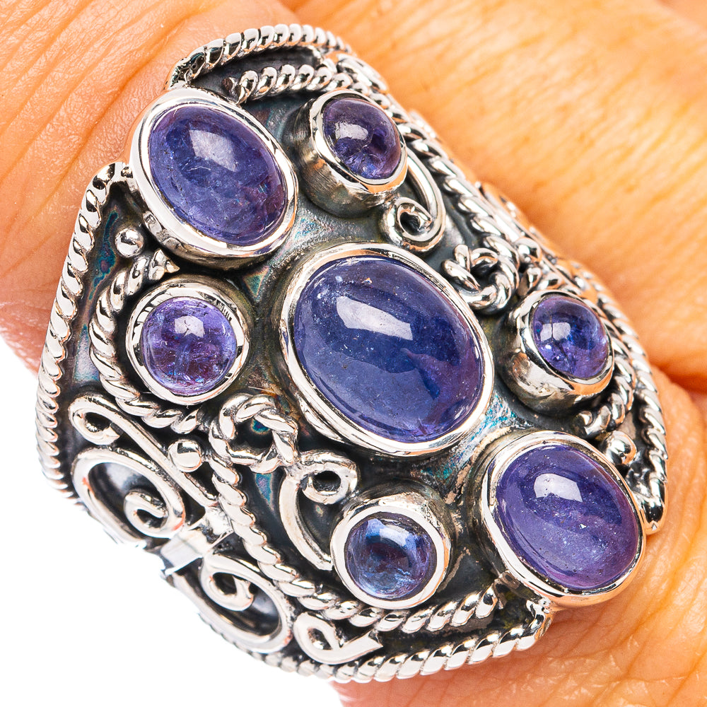 Tanzanite gemstone oval cluster sterling silver ring, size 9.5, ornate bezel setting