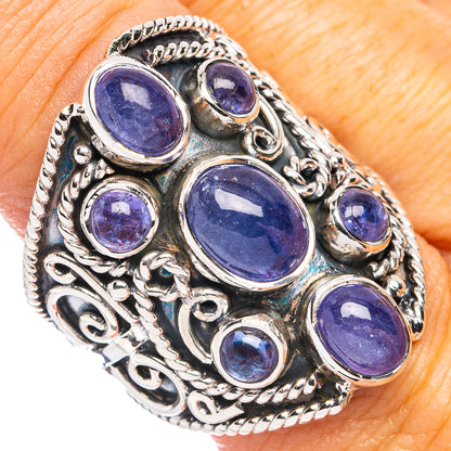 Tanzanite gemstone oval cluster sterling silver ring, size 9.5, ornate bezel setting