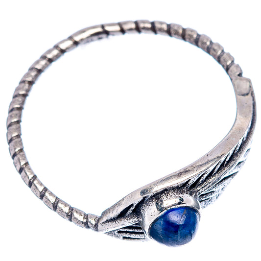 Sterling silver feather ring with textured band and blue kyanite cabochon