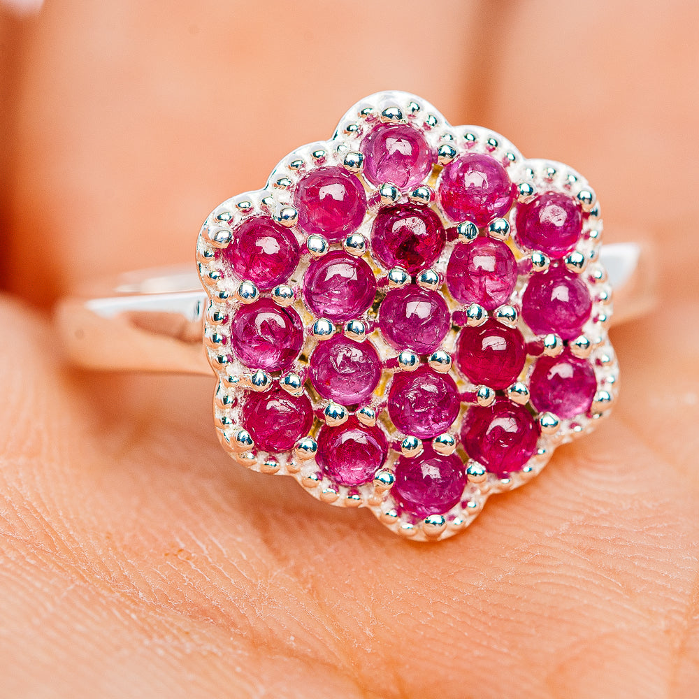 Premium Burmese Ruby Flower Cluster Ring Size 7 (.925 Sterling Silver)