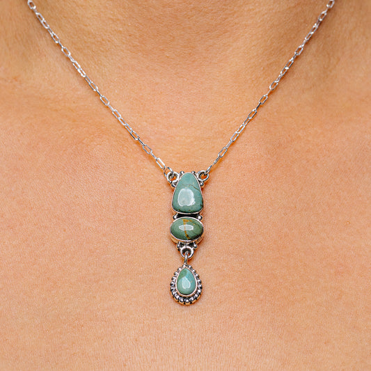 Sterling silver turquoise pendant necklace with three oval drops and link chain