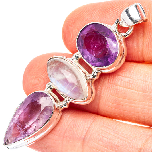 Amethyst and rainbow moonstone pendant, .925 sterling silver, oval and teardrop stones