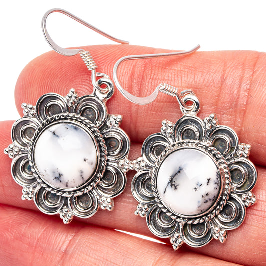 Sterling silver filigree earrings with round white dendritic opal stones