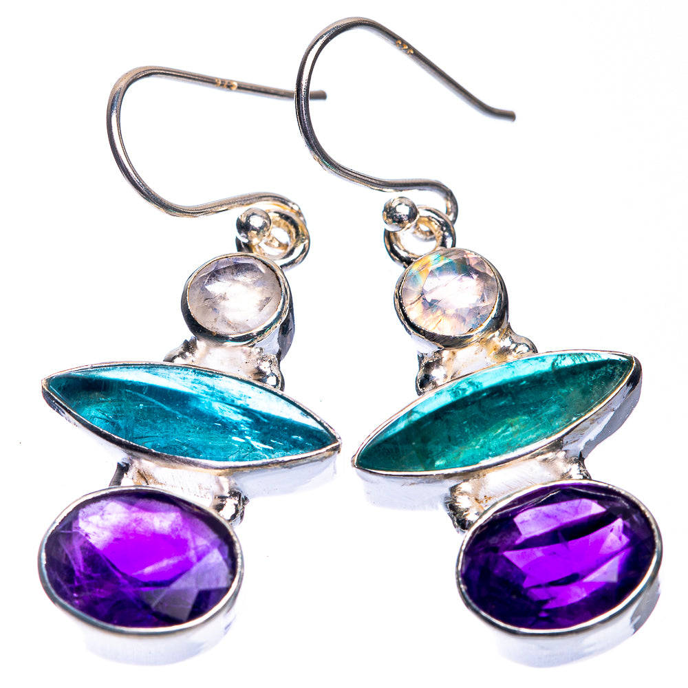 Sterling silver drop earrings with iridescent round stones, teal teardrops, and purple ovals