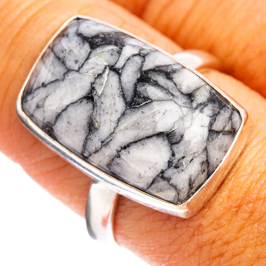 Sterling silver ring with rectangular pinolith jasper cabochon, gray/white marbled pattern