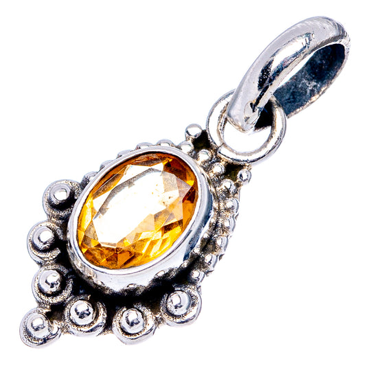 Oval citrine gemstone pendant with ornate beaded .925 sterling silver bezel and loop.