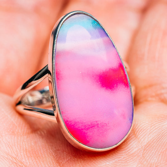 Teardrop opal ring in pink and blue with polished .925 sterling silver band