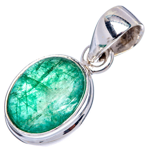 Oval green emerald cabochon pendant with polished .925 sterling silver frame and bail