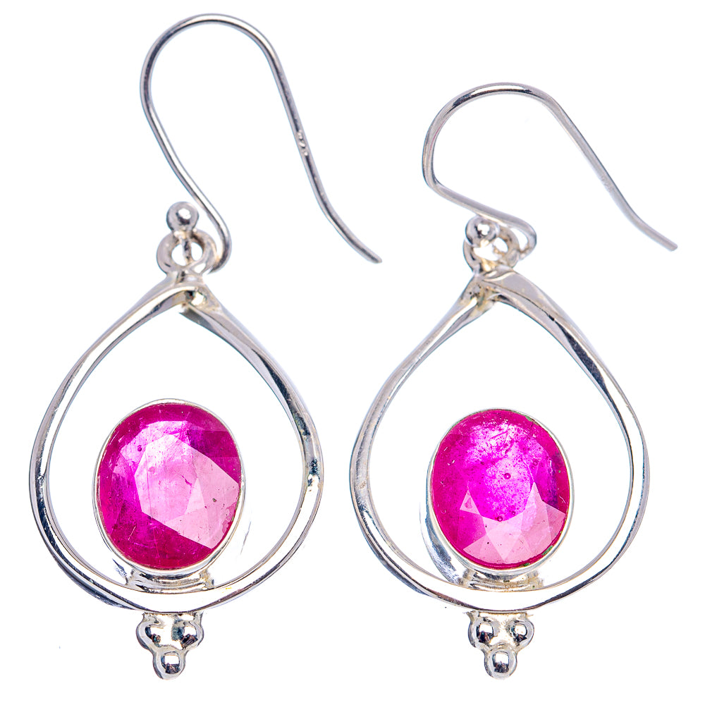Sterling silver teardrop dangle earrings with pinkish red round gemstone and fishhook
