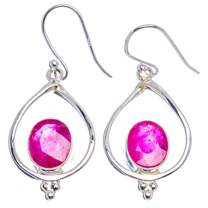 Sterling silver teardrop dangle earrings with pinkish red round gemstone and fishhook