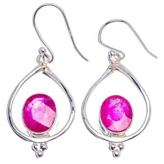 Sterling silver teardrop dangle earrings with pinkish red round gemstone and fishhook