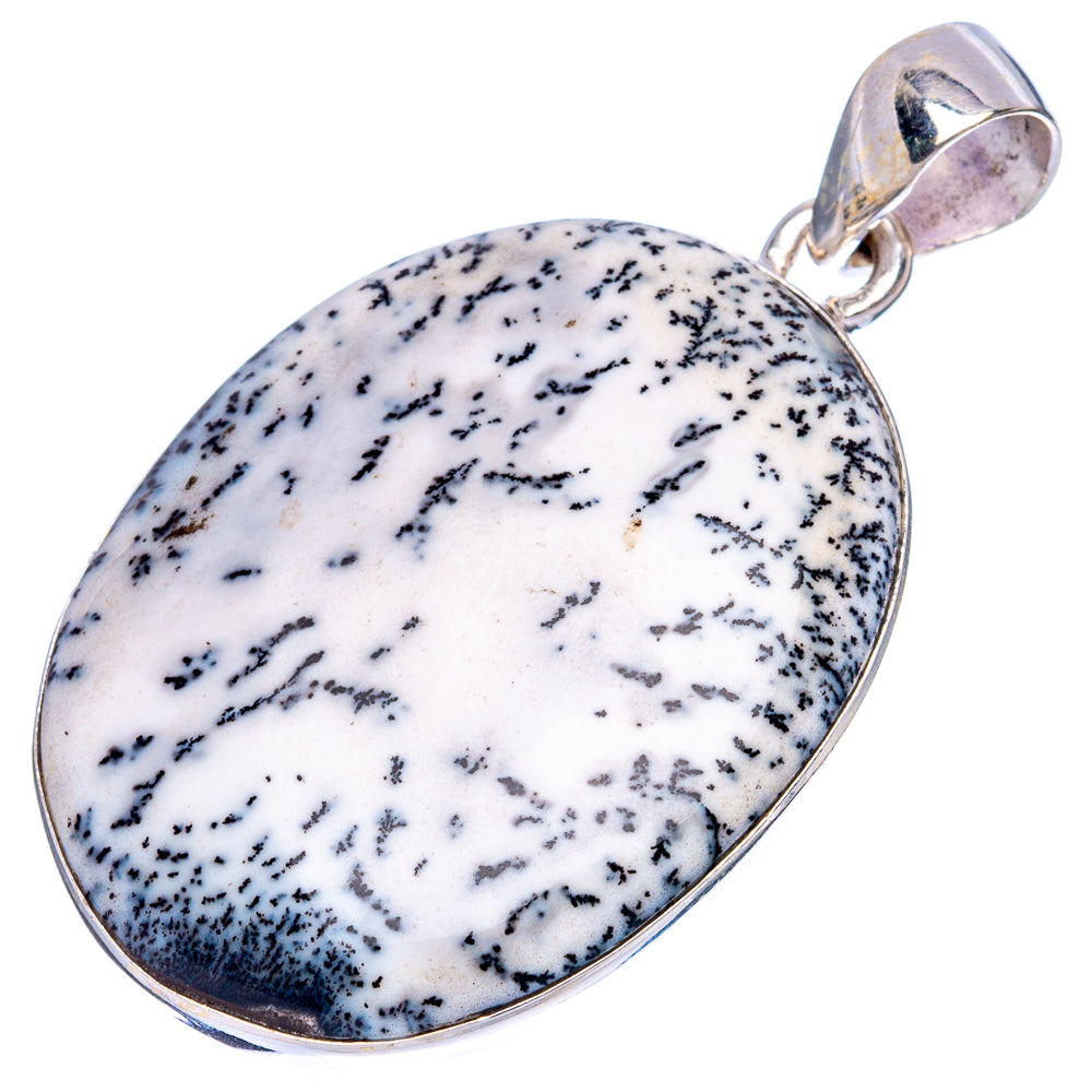 Oval dendritic opal pendant with black speckles, 925 sterling silver bezel and bail