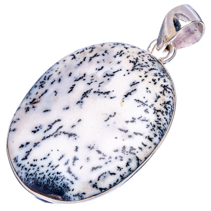 Oval dendritic opal pendant with black speckles, 925 sterling silver bezel and bail
