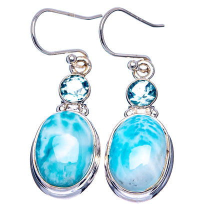 Sterling silver blue larimar oval drop earrings with round blue stone caps