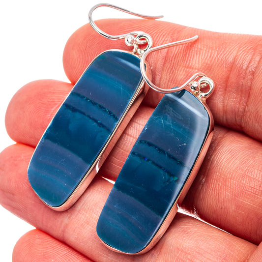 Blue opal doublet earrings in .925 sterling silver, long rectangular stones on open hooks
