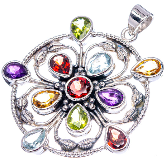 Sterling silver round pendant with central red stone and oval/teardrop multicolor gemstones