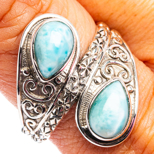 Sterling silver ring with two oval Larimar-style blue stones and ornate filigree