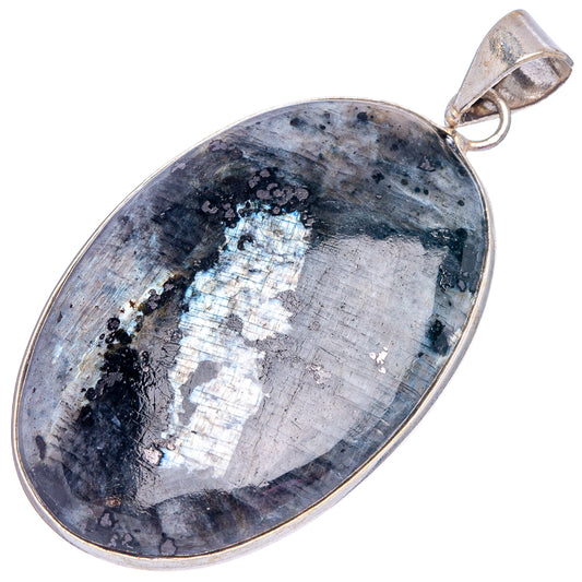 Oval silver-plated larvikite pendant with silvery-blue sheen and silver bail