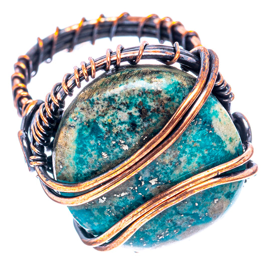 Turquoise cabochon wire-wrap ring with oxidized copper bands and twisted wire, size 8.75
