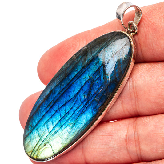 Oval labradorite pendant, blue flash stone in .925 sterling silver bezel