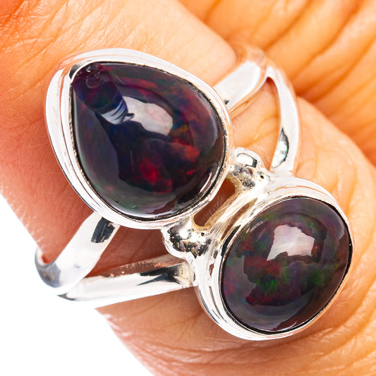 Black opal ring with two oval dark bezel stones, .925 sterling silver