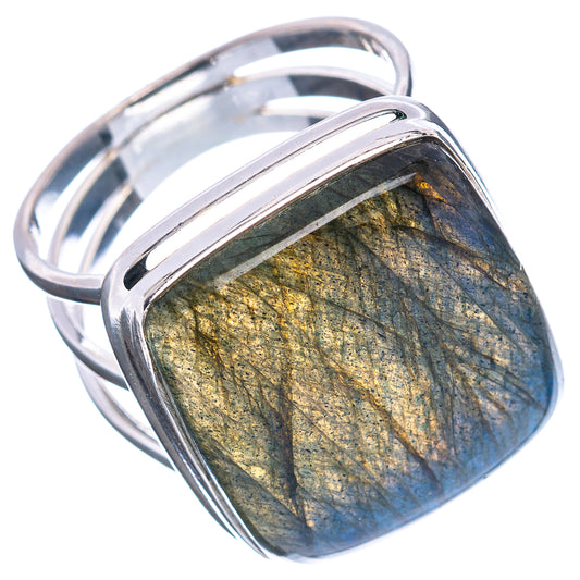 Labradorite sterling silver rectangular ring, blue-gold stone, size 9.5