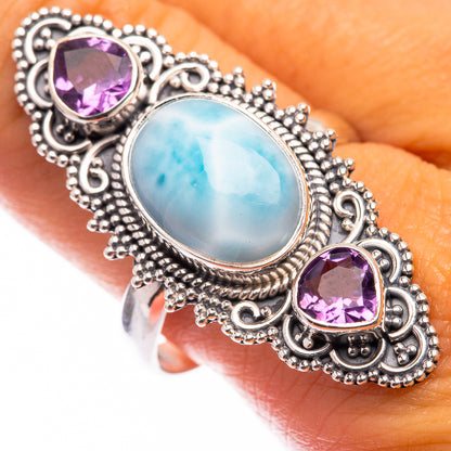 925 sterling silver ring with oval blue larimar and two purple amethyst stones