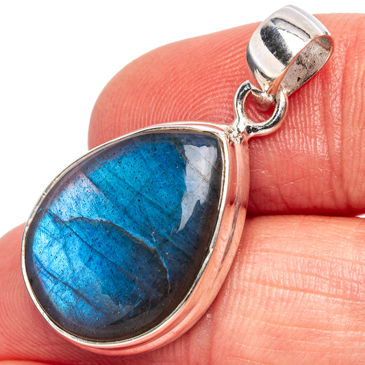 Sterling silver labradorite pendant with oval teardrop blue gemstone, side view