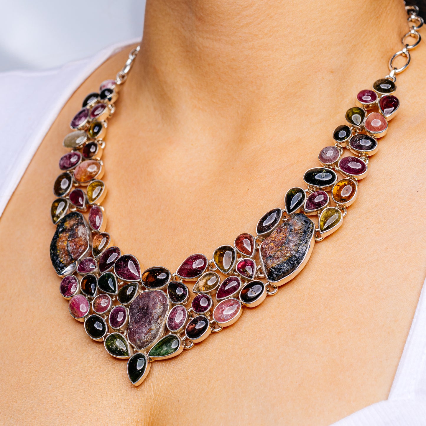 Multi-Tourmaline Necklace 20 to 21" (.925 Sterling Silver)