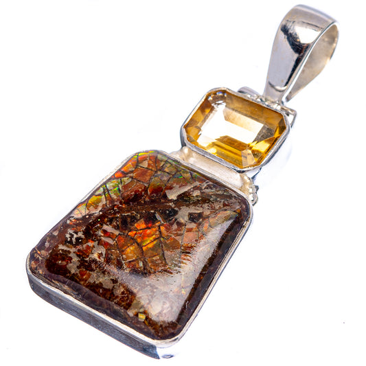 Rectangular ammolite pendant in silver with rainbow flecks and citrine-yellow top stone