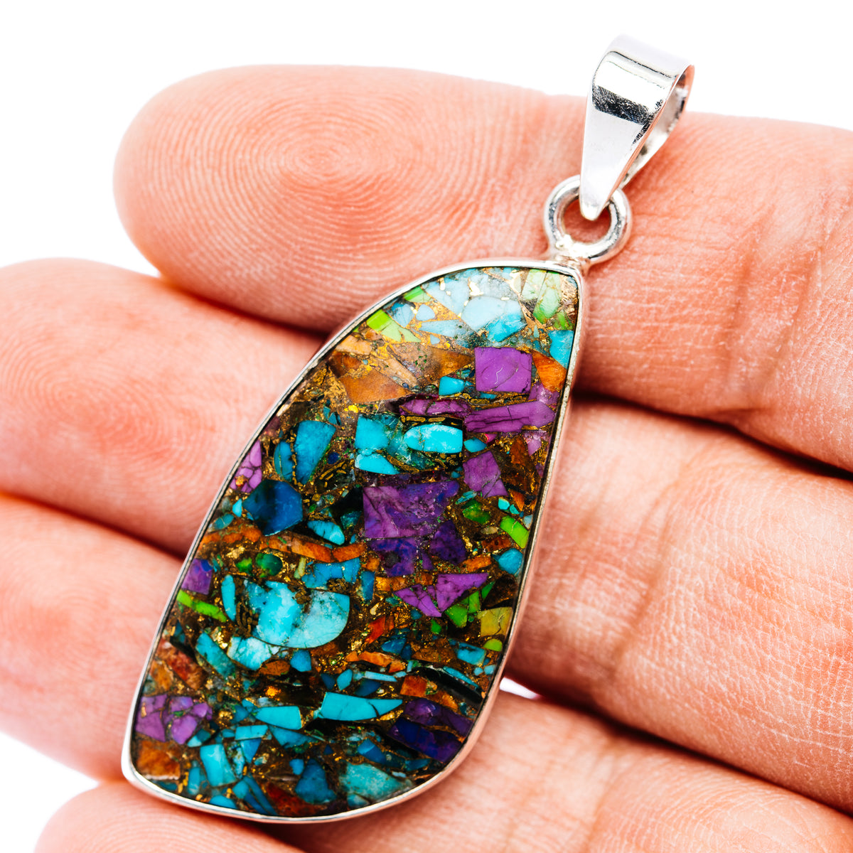 Turquoise mosaic teardrop pendant with .925 sterling silver bail and purple accents