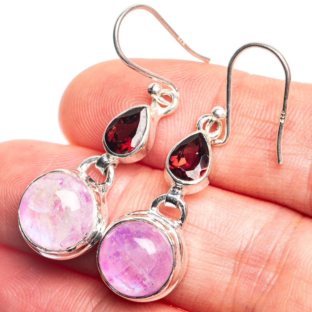 Sterling silver drop earrings with pink moonstone and red garnet teardrops