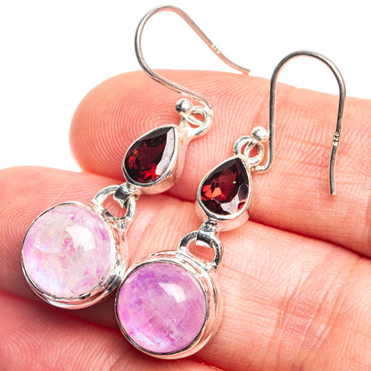 Sterling silver drop earrings with pink moonstone and red garnet teardrops