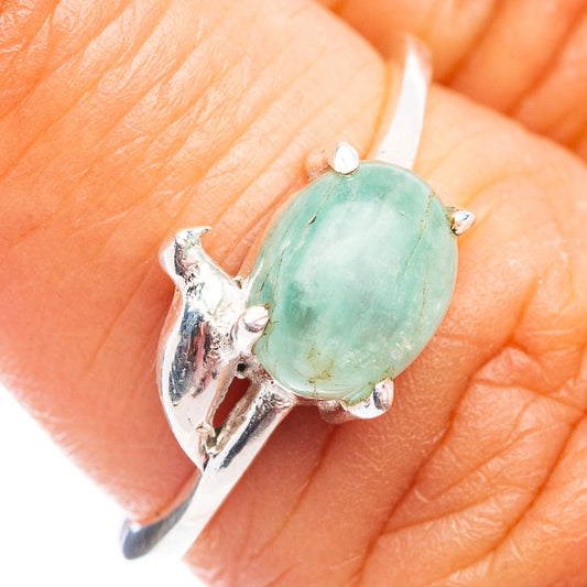 Dainty bird ring with oval green amazonite-style stone, .925 sterling silver band