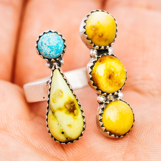 Sterling silver ring with yellow teardrop and round stones, blue turquoise round stone