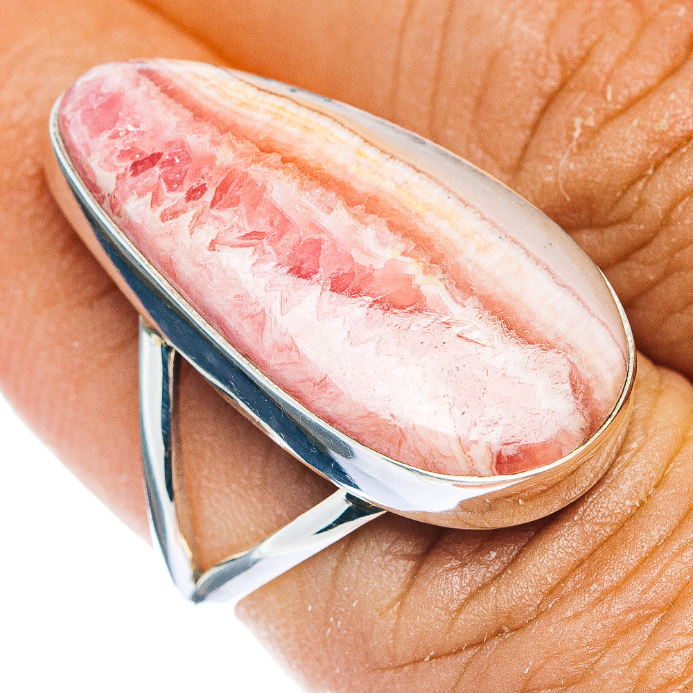 Sterling silver ring with oval rhodochrosite cabochon, pink and cream stone center