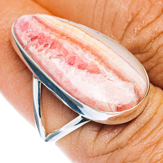 Sterling silver ring with oval rhodochrosite cabochon, pink and cream stone center